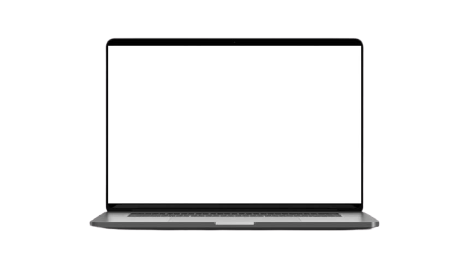 A sleek silver laptop with a blank white screen is open and viewed from the front.