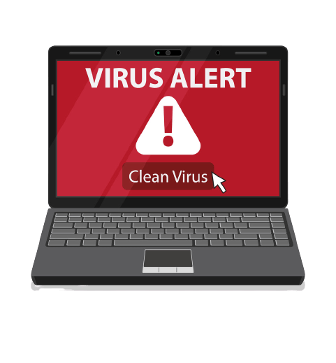 A laptop displays a red screen with a "VIRUS ALERT" warning and a triangular exclamation mark icon.